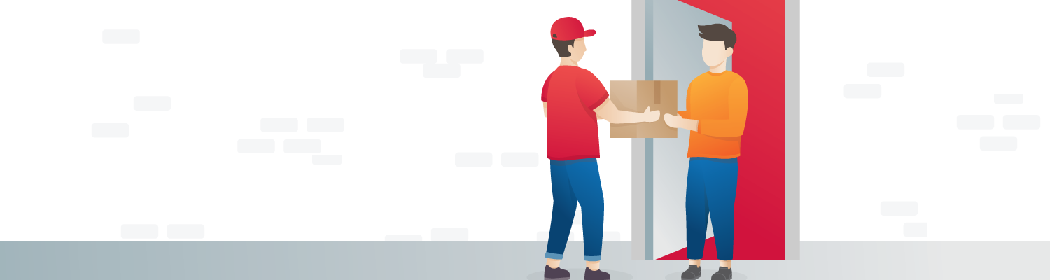 Illustration of delivery person delivering a brown box package to another person